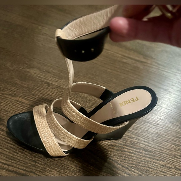 Fendi Shoes - Fendi Women’s Black and Cream Raffia Wedges